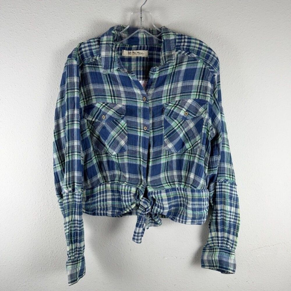 Free People L First Bloom Plaid Top Shirt Tie Front Cropped Boho Western Cowgirl